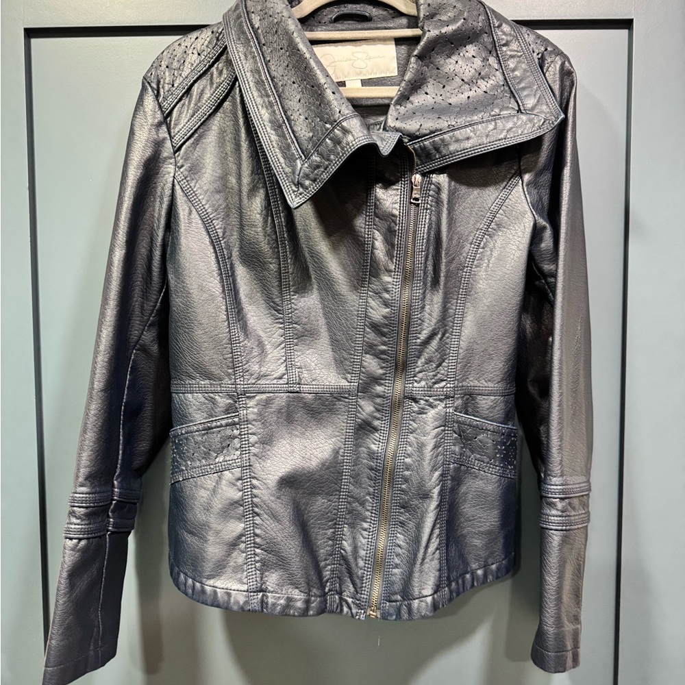 Jessica Simpson asymmetrical dark blue faux leather jacket, Sz L